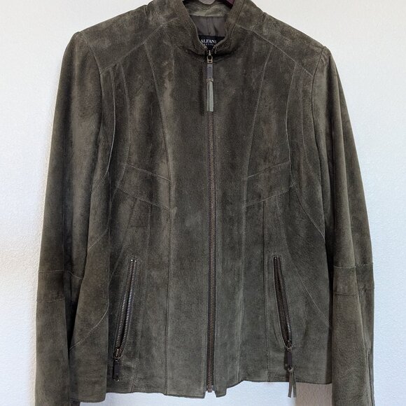 Alfani Leather Suede Short Boho Biker Standup Neck Jacket Dark Olive Green - Picture 4 of 14